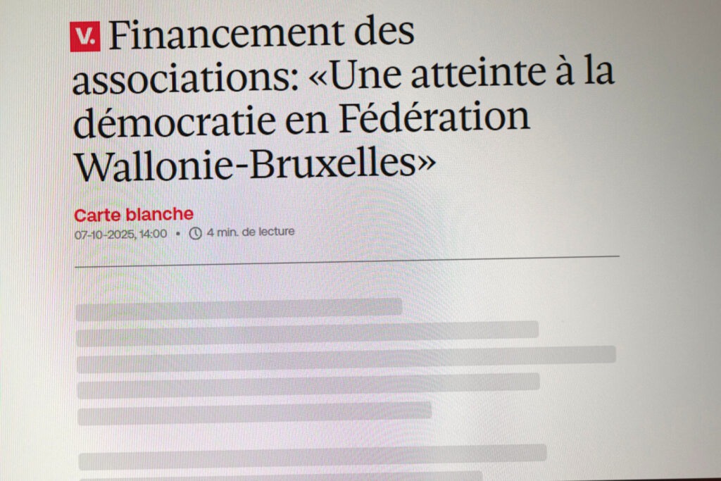 Capture d'écran de l'article "Financement des associations: «Une atteinte à la démocratie en Fédération Wallonie-Bruxelles»", Le Vif, 07-10-2025