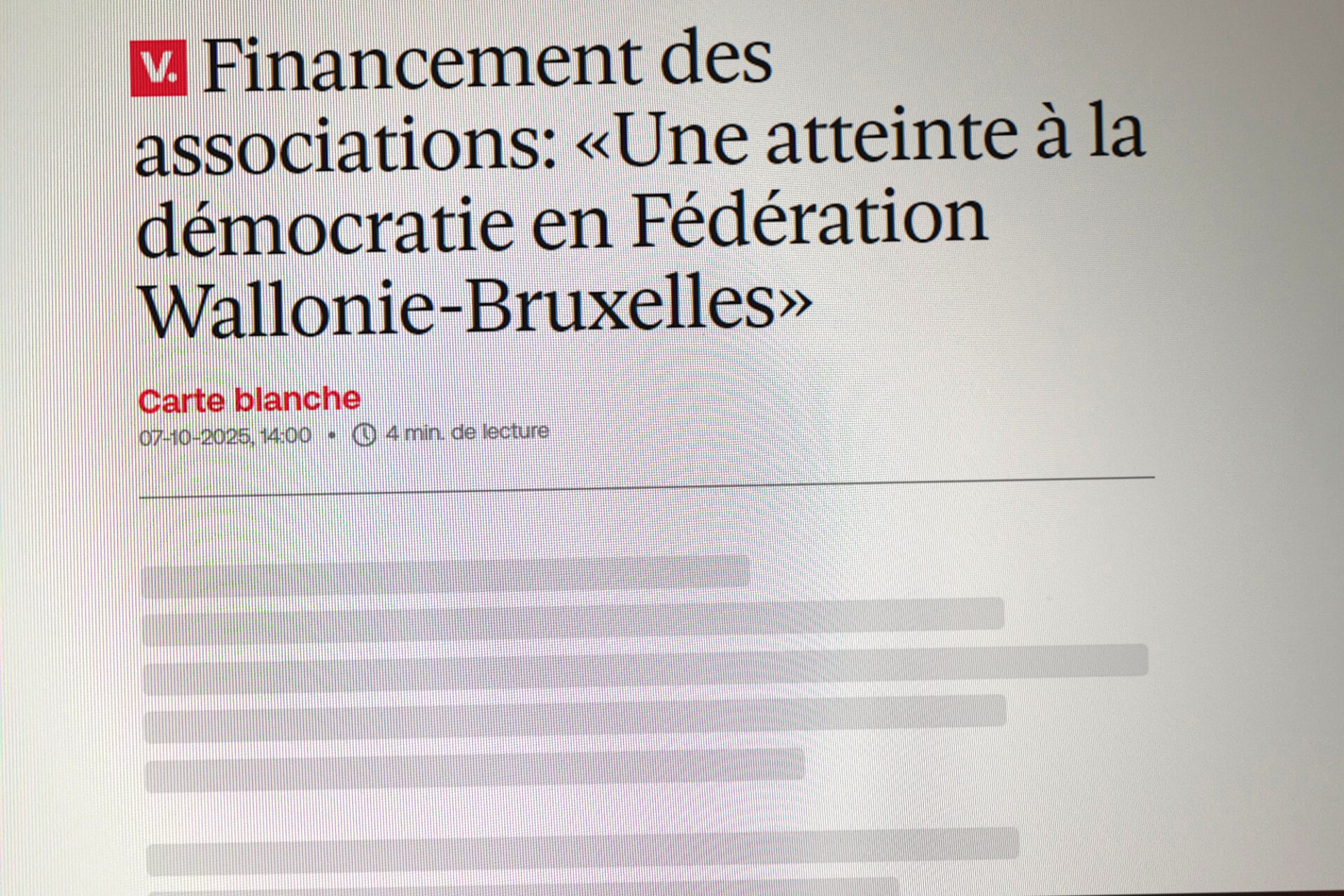 Capture d'écran de l'article "Financement des associations: «Une atteinte à la démocratie en Fédération Wallonie-Bruxelles»", Le Vif, 07-10-2025
