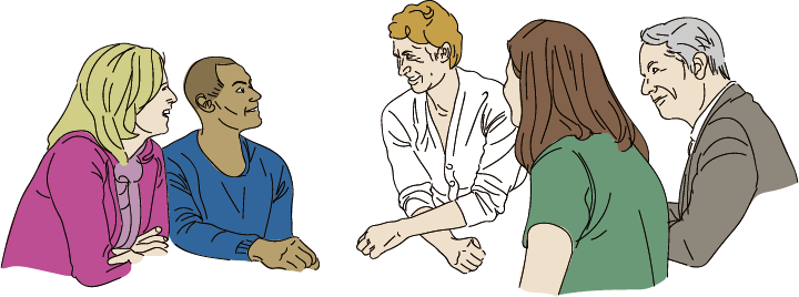 Dessin de cinq personnes en discussion