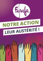 Visuel avec le logo de la FESEFA, le slogan "Notre action, leur austérité" et des mains de couleurs sur fond violet
