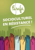 Visuel avec le logo de la FESEFA, le slogan "L'austérité, le socio-cu en a ras-le-c..." et des mains de couleurs sur fond vert