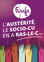 Visuel avec le logo de la FESEFA, le slogan "L'austérité, le socio-cu en a ras-le-c..." et des mains de couleurs sur fond violet